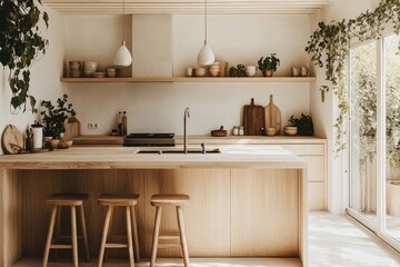 Modern Minimalist Kitchen with Wooden Accents and Indoor Plants