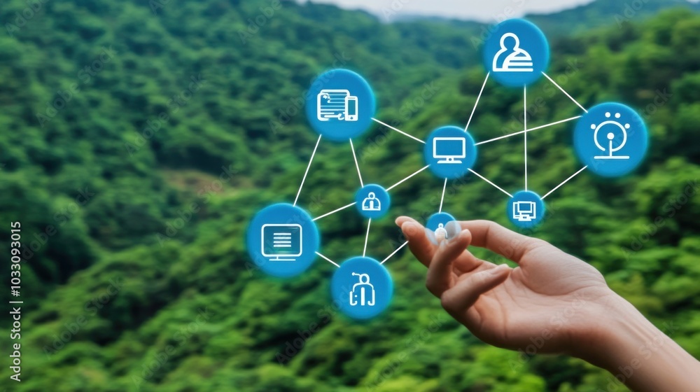 Aufkleber hand interacting with a network of blue circular icons with white symbols against a blurred green fo