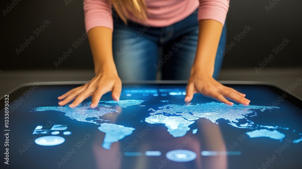 Poster woman's hands interacting with a digital world map on a touchscreen