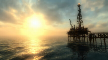 Obraz premium Oil platform in open ocean during sunset, surrounded by calm waves and serene atmosphere. warm glow of sun reflects on water, creating tranquil scene