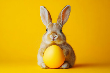 Cute bunny holding a yellow easter egg against a vibrant yellow background