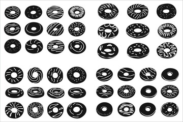 Set of donut silhouettes vector collection. Black silhouettes of donut vector. Donut silhouette vector designs. Delicious donut silhouettes vector illustrations