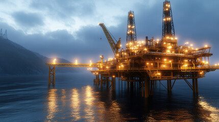 Fototapeta premium Oil rig in ocean at dusk, illuminated by bright lights, creating stunning reflection on water. scene captures industrial beauty of offshore drilling