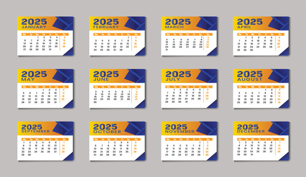 Modern 2025 new year english desk calendar template printable design