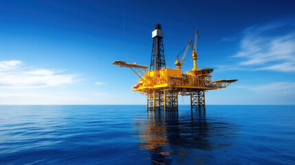 Oil rig standing in vast ocean under bright sunlight, showcasing its impressive structure against clear blue sky. scene evokes sense of industrial strength and tranquility