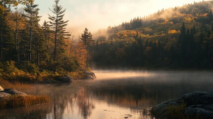 Fototapeta premium A serene lake in the woods with fog rising from the water at sunrise.