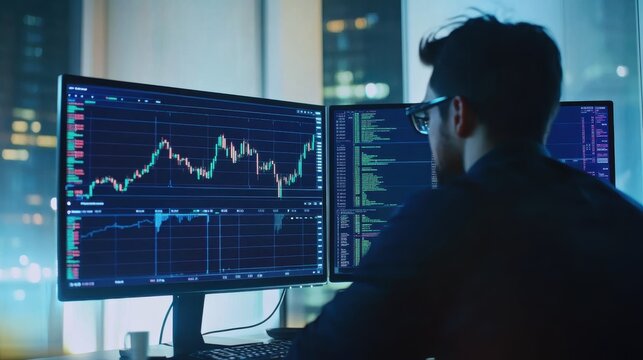 A financial trader working in a dark office, analyzing stock market charts and data on multiple monitors, representing investment strategies and market analysis.