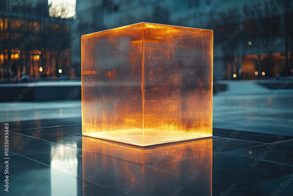 Aufkleber a glowing cube sits on a reflective surface, creating an intriguing visual effect.