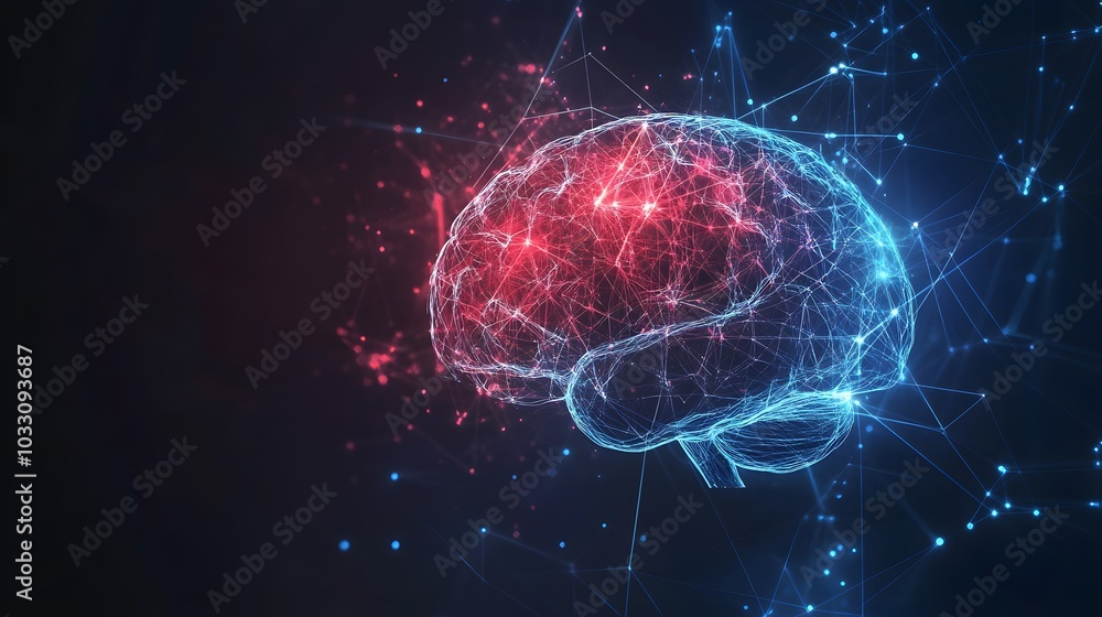 Poster a digital representation of a human brain with a red and blue color scheme