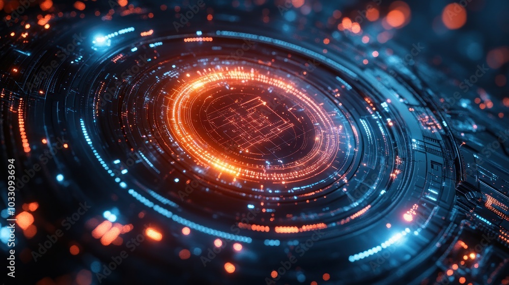 Aufkleber a futuristic digital interface with glowing circular patterns and intricate details.