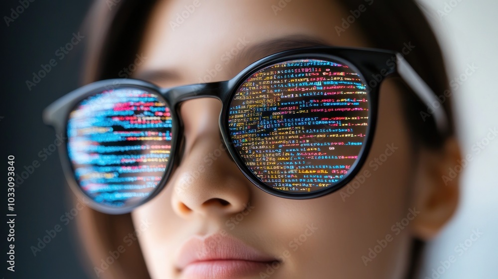 Poster close-up of a person wearing glasses with reflected code
