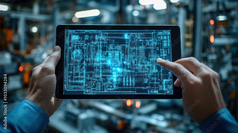 Aufkleber a person interacts with a tablet displaying a technical blueprint in an industrial setting.