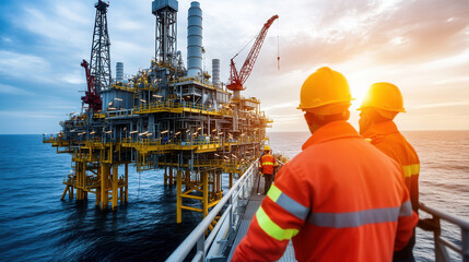 Offshore oil platform at sunset with workers observing operations. scene captures industrial environment and teamwork in energy sector, highlighting safety and collaboration