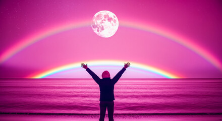 Dreamy nighttime ocean scene with full moon and double rainbow