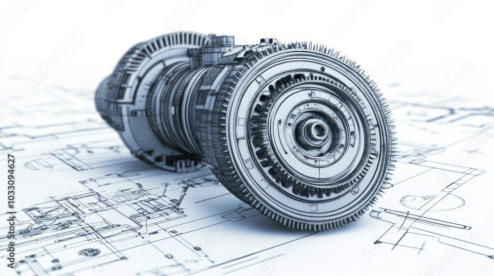 Poster Mechanical Engineering Blueprint with 3D Model of a Gear