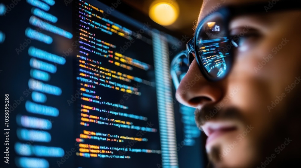 Poster Close-up of a Man's Face Reflected with Code from a Computer Screen