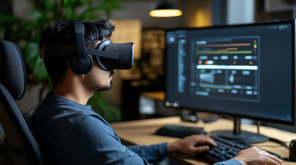 Man using VR headset at computer desk