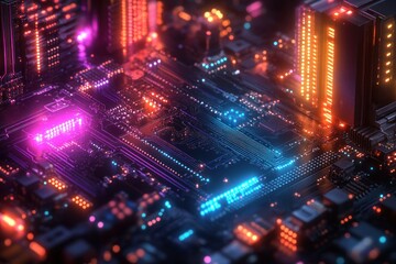 Obraz premium A vibrant, futuristic cityscape resembling a circuit board with glowing lights.