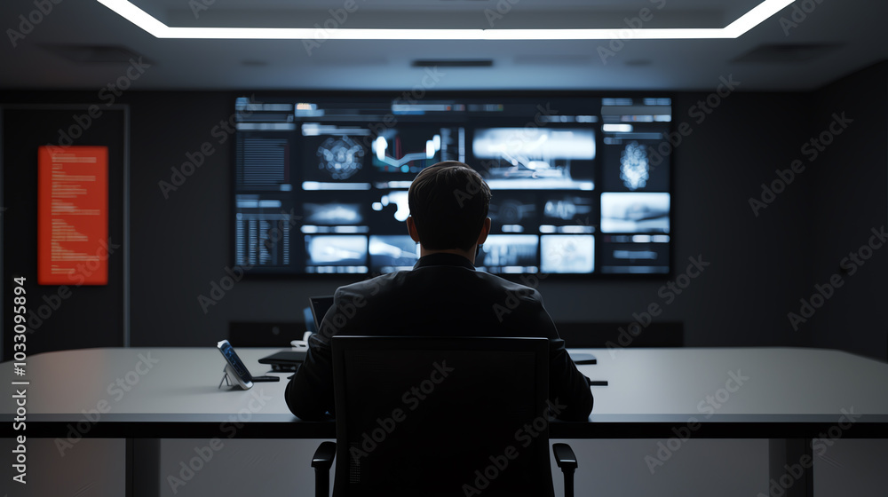 Poster person analyzing data on multiple screens.
