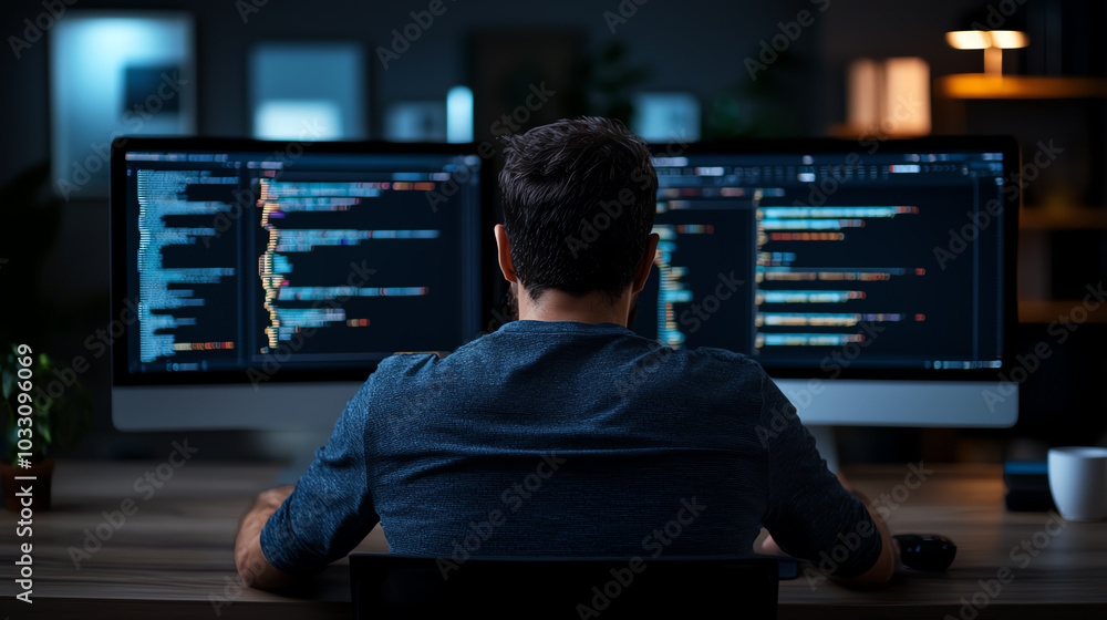 Poster person coding at dual monitor setup