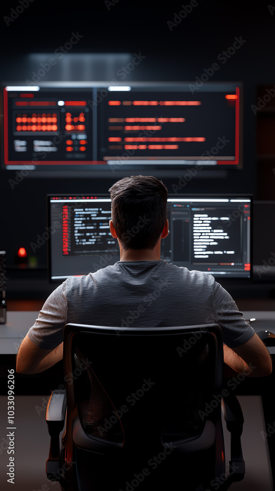 Poster person coding at computer screens in dark room