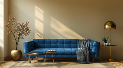 blue couch with pillows and a table with a potted plant