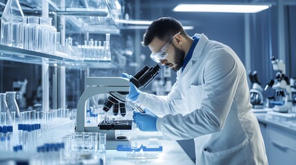 Scientist in a Lab Coat Using a Microscope