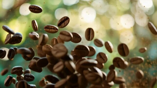 Set of coffee falling through the air, telephoto lens summer daylight cool color	
