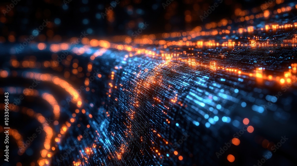 Aufkleber a digital landscape of glowing particles representing data flow and connectivity.
