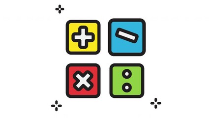Animation calculator icon buttons with addition, subtraction, division and multiplication. Math symbols icon set