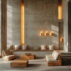  striking living room designed in the Neo Brutalism style, featuring a mix of concrete and wood elements. The raw concrete walls are balanced by sleek wooden furniture.