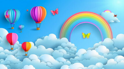 Beautiful fluffy clouds on blue sky background with summer sun