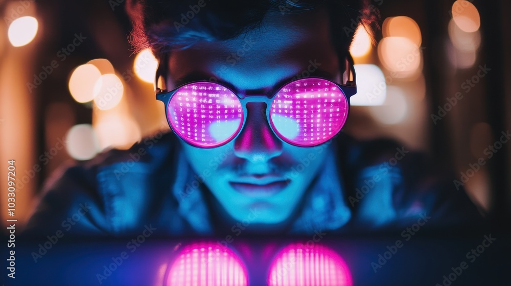 Poster close-up of a person wearing glasses with digital text reflected in the lenses