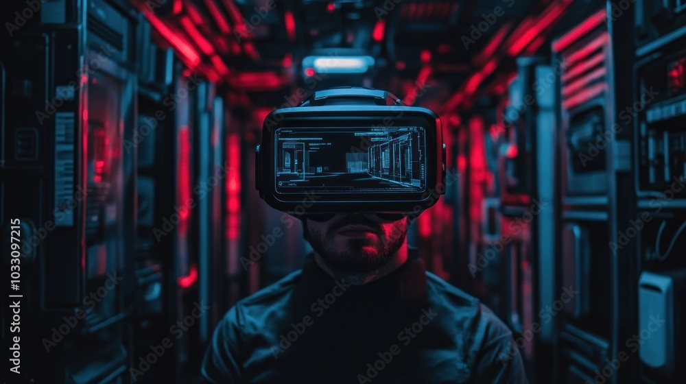Poster man wearing vr headset with futuristic interface in a neon-lit room
