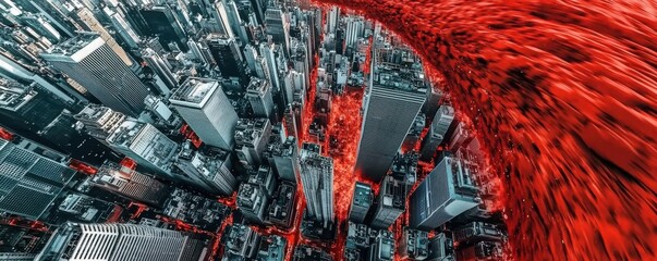 Naklejka premium Aerial view of city skyline with vibrant red flowing elements, dynamic urban landscape.