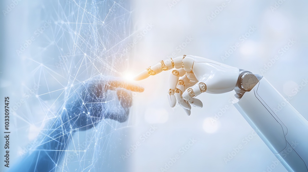 Poster human and robot hand reaching towards each other within a network of lines