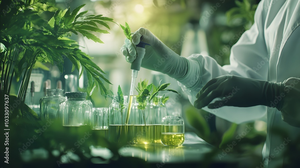 Poster scientist in lab coat using a dropper to extract liquid from a plant