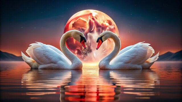 Heart-Shaped Swans in Lake with Red Moon - Romantic Macro Photography - Powered by Adobe