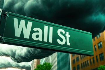 Wall Street sign amidst dramatic clouds, symbolizing finance and investment.