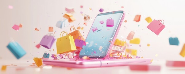 Abstract 3D model of a smartphone with exploding icons of shopping, discounts and digital payment solutions, pastel theme