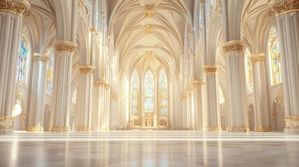 Majestic Gothic Cathedral Interior with Towering Columns, Ornate Arches, and Stained Glass Windows Illuminated by Golden Light in 3D Render