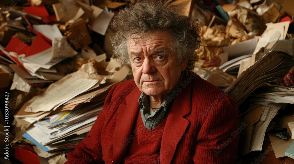 Poster a man in a red jacket surrounded by a pile of papers