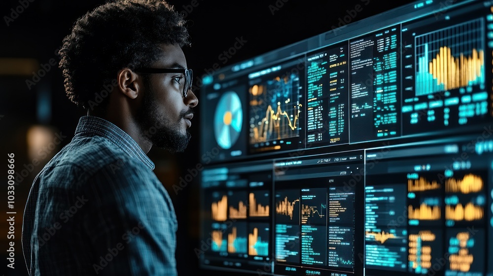 Poster a focused individual analyzes data on multiple screens in a modern workspace.