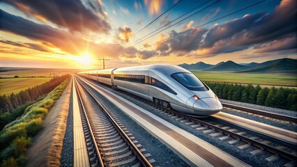 Naklejka premium High-Speed Train Racing Through Minimalist Landscape with Pale Sky - Modern Transport Aesthetic