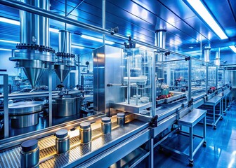 Naklejka premium High-Tech Biopharmaceutical Production Line with Silhouetted Machinery and Robotic Arms