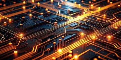 High-Tech Futuristic Background with Glowing Orange Circuitry and Digital Interface Elements for Innovative Designs