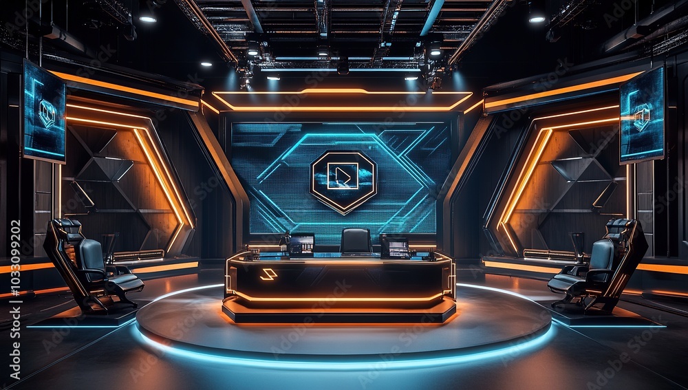 Poster a tv studio set with an oversized led screen displaying the game's logo