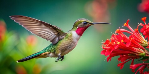 Fototapeta premium Hummingbird Hovering Near Red Flower in Slow Motion Capture at 2000fps for Stunning Nature Imagery