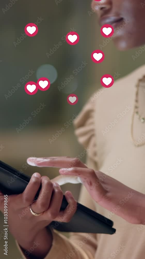 Poster hands, woman and tablet with heart emoji on social media, dating app or website for love. closeup, f