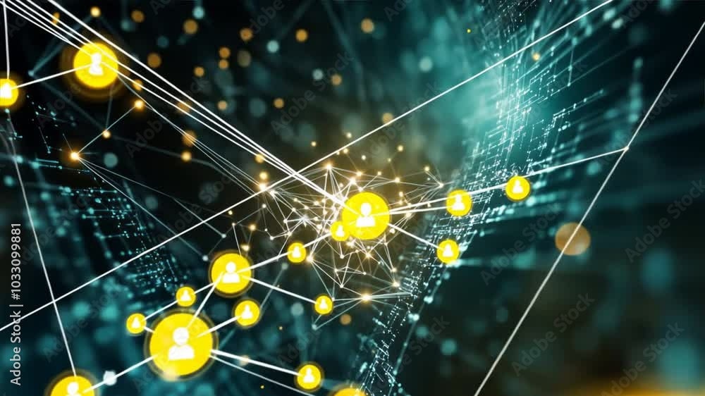 Poster abstract background featuring a glowing digital network with waves and fractal patterns, evoking a s